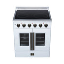 White electric range front with black radiant cooktop and six control knobs