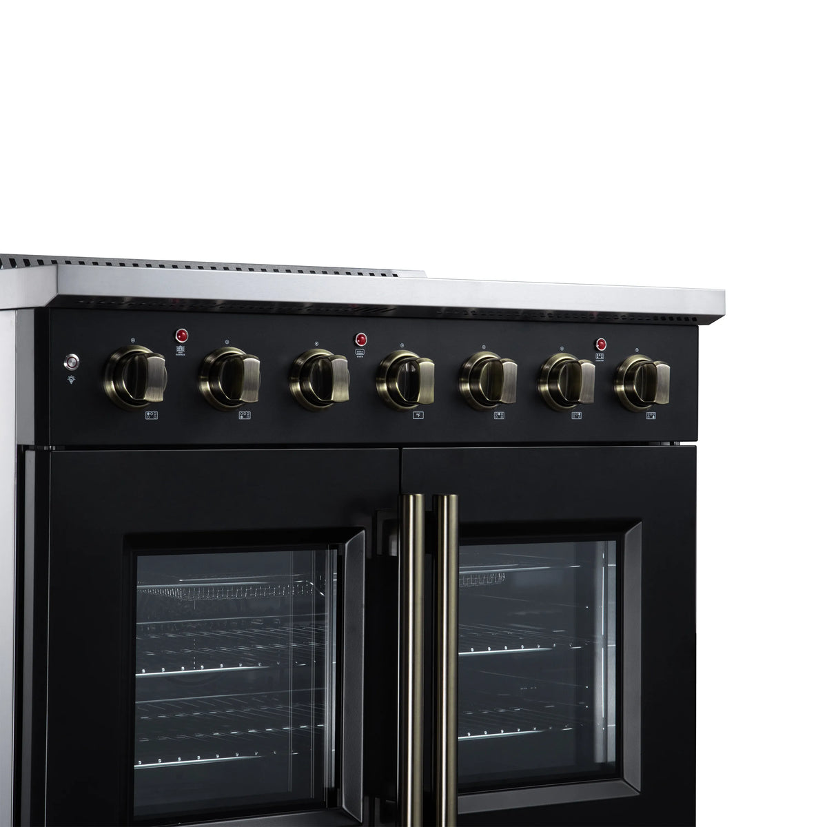 Black electric range with brass control knobs and dual French oven doors