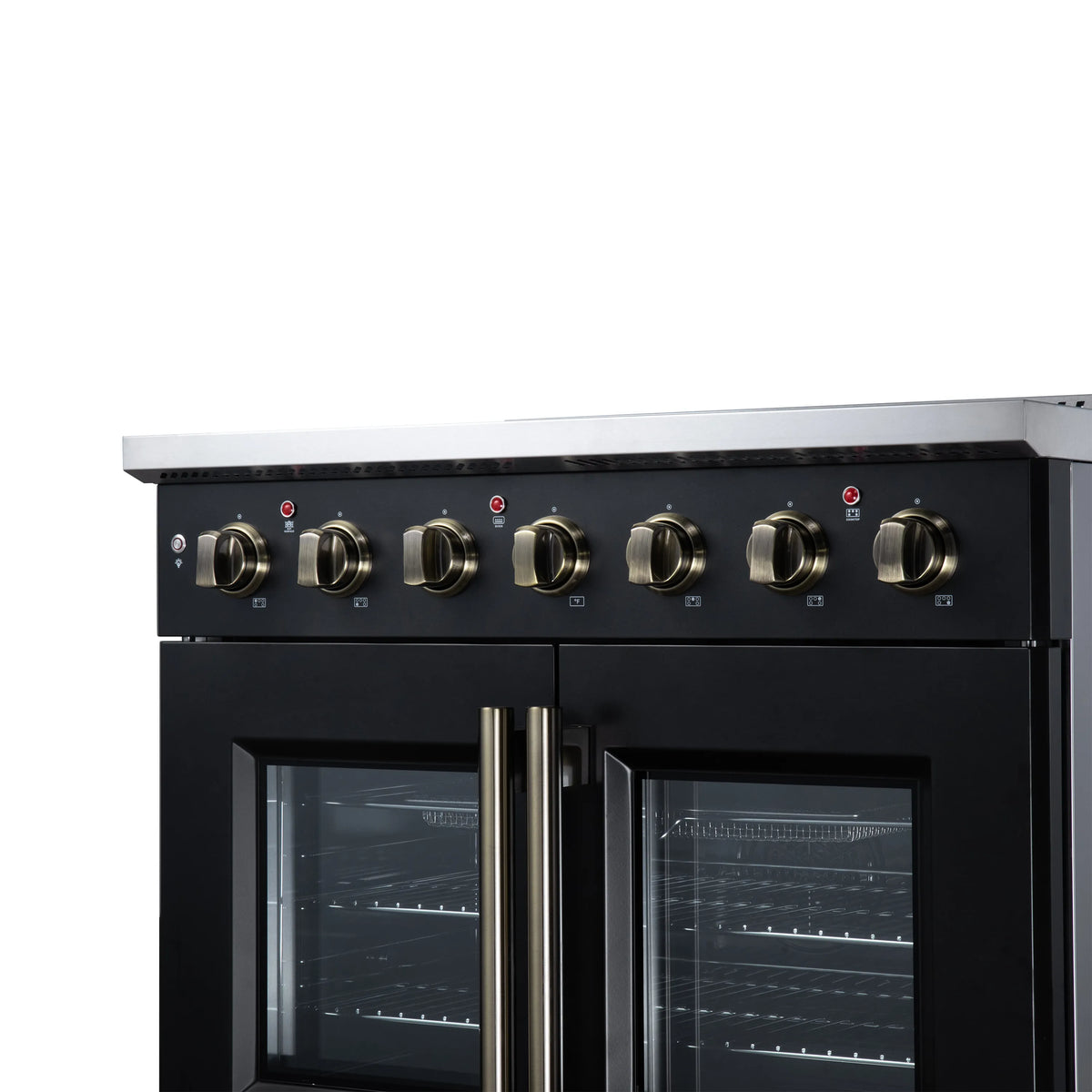 Black electric range with brass center handle and two glass oven doors