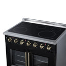 Black electric range cooktop with radiant burner circles and row of brass control knobs