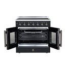 Black electric range with both oven doors open, gold handles, visible racks and cavity