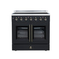 FORNO Galiano 36-Inch French Door Electric Range with 5 Radiant Burners, 5.36 Cu. Ft. True Convection Oven, Air Fryer Kit in Black with Antique Brass Trim (FFSEL6917-36BLK)
