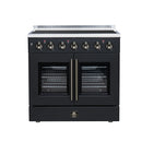 Black electric range with French doors, gold handles, and radiant burner control knobs