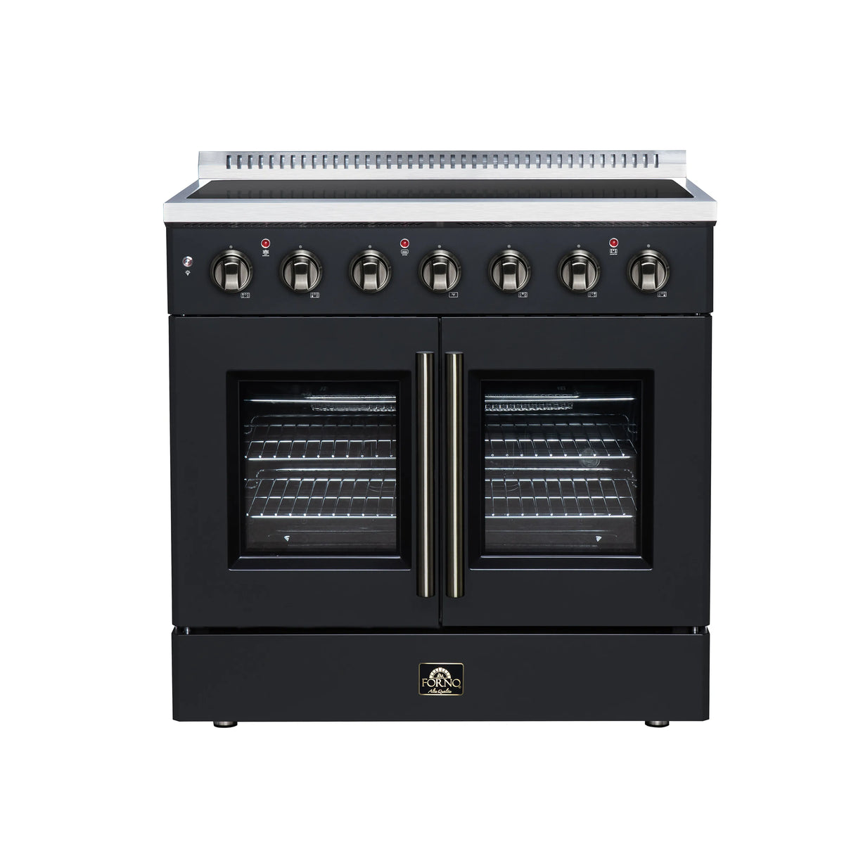 FORNO Galiano 36-Inch French Door Electric Range with 5 Radiant Burners, 5.36 Cu. Ft. True Convection Oven, Air Fryer Kit in Black with Antique Brass Trim (FFSEL6917-36BLK)