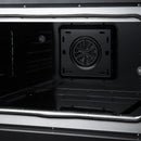 Electric oven interior panel with round convection fan, black metal walls and rails