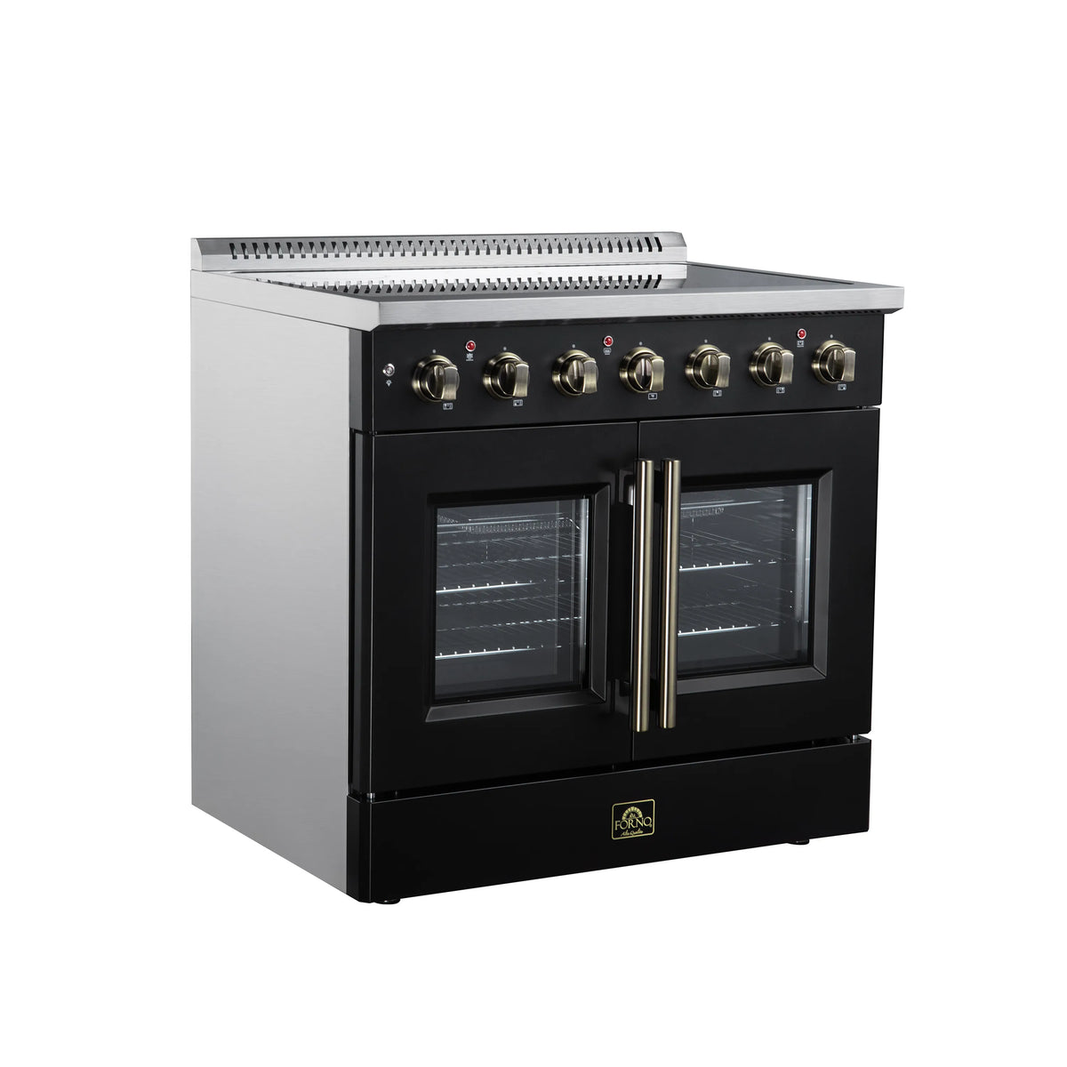 Black electric range with French doors, gold center handle, and radiant burner control knobs