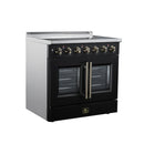 Black electric range with French doors, gold center handle, and radiant burner control knobs