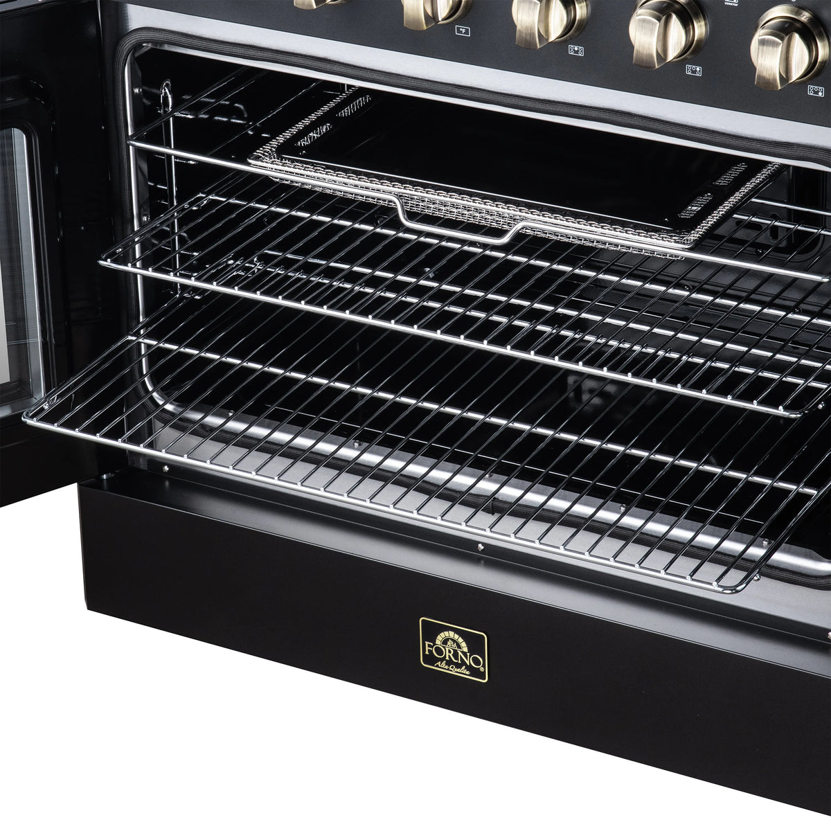 Black oven with chrome wire racks and broiler grid, showing upper heating elements