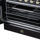 Black oven with chrome wire racks and broiler grid, showing upper heating elements
