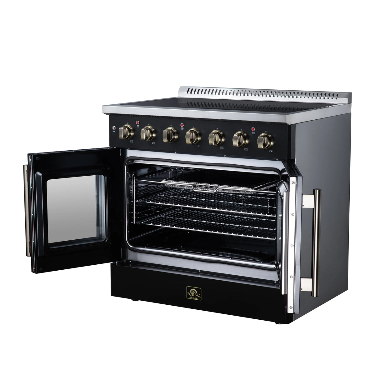 Black electric range with oven door open, chrome racks inside, gold side handles