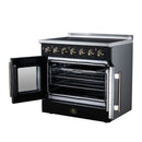 Black electric range with oven door open, chrome racks inside, gold side handles
