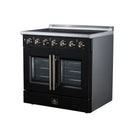 Black electric range with French doors and gold center handle, radiant burner control knobs