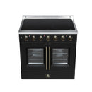 Black French door electric range with radiant cooktop burners and antique brass-trimmed doors