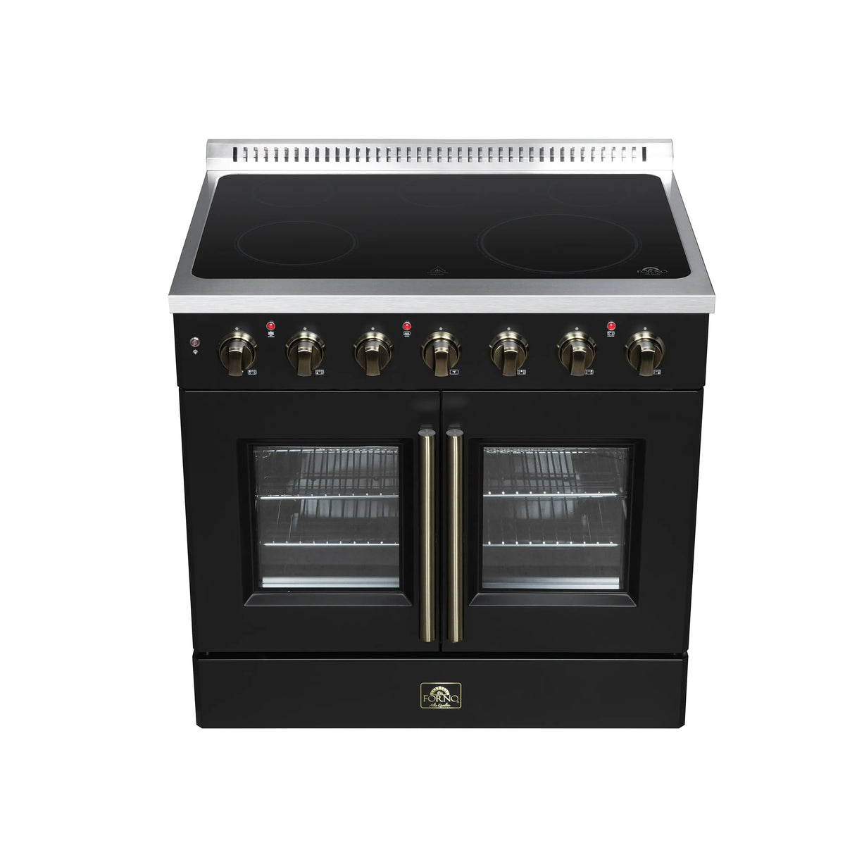 Black French door electric range with radiant cooktop burners and antique brass-trimmed doors