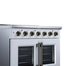White electric range control panel with brass knobs and twin oven doors