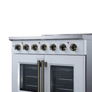 White electric range with brass handles, twin oven doors, and radiant burner knobs