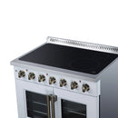White electric range with black radiant cooktop, brass knobs, and dual glass oven doors