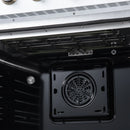 Oven cavity with circular fan and removable air-fry insert on black metal base