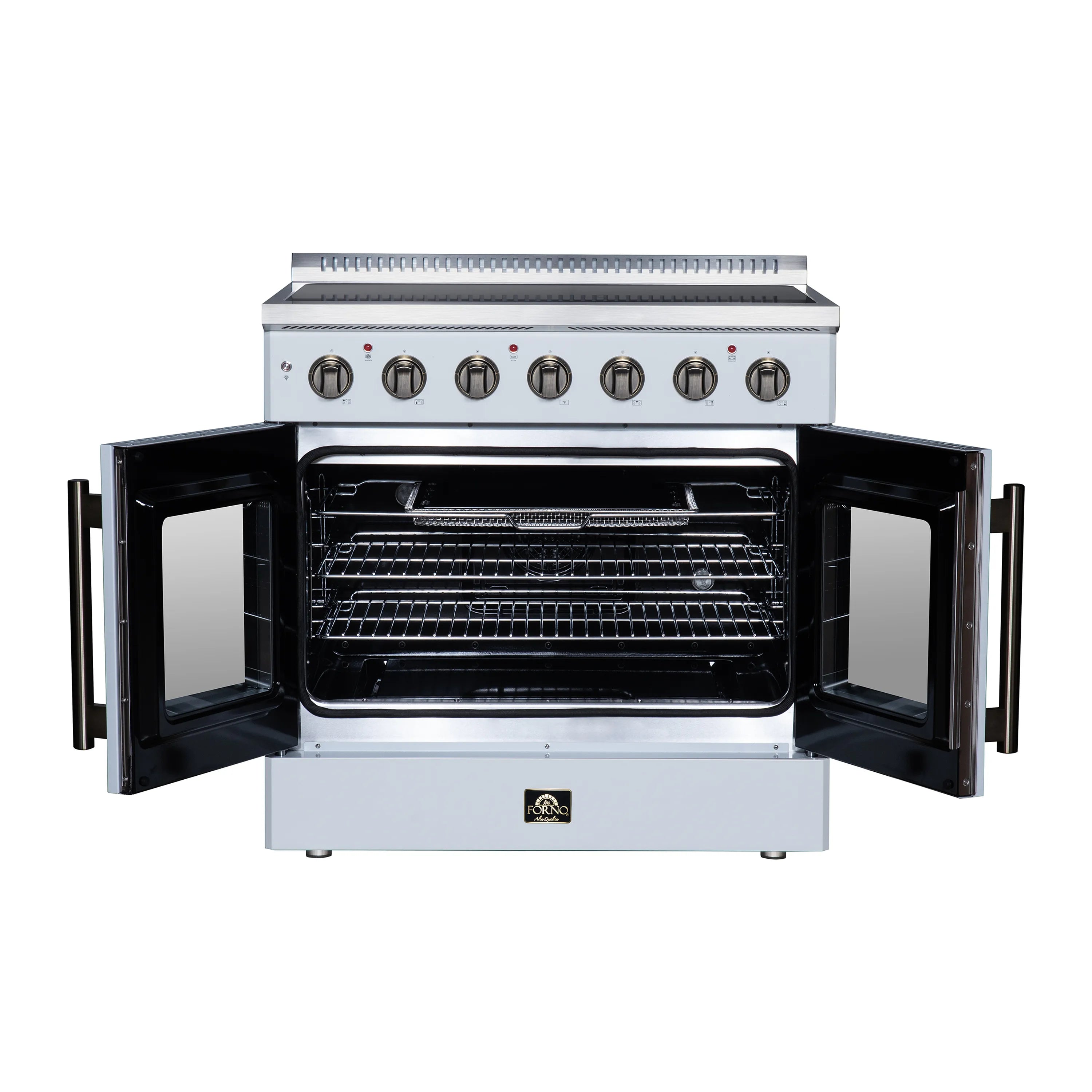 White electric range with French doors open to reveal black convection oven interior