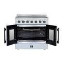 White electric range with French doors open to reveal black convection oven interior