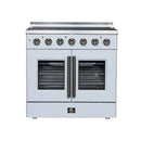 White electric range with double French doors, radiant burners, and brushed metal knobs