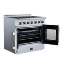 White electric range with one oven door open and wire racks inside the black oven