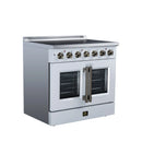 White electric range showing control knobs, backsplash vents, and double French doors