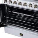 Open oven with wire rack shelves and heating element inside black cooking chamber