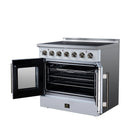 White electric range with oven door swung open, wire rack inside, and side handle