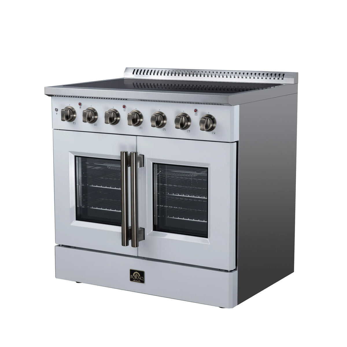 White electric range with double French doors and radiant burner control knobs on top
