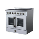 White electric range with double French doors and radiant burner control knobs on top