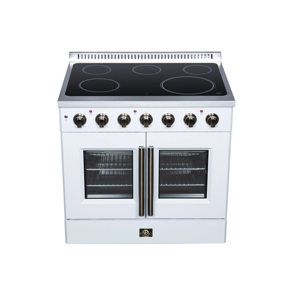 White electric range with black radiant cooktop, double glass doors, and brass-finish knobs