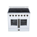 White electric range with black radiant cooktop, double glass doors, and brass-finish knobs