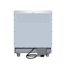 Bottom view of black electric range showing vented panel and power cord