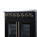 FORNO black electric range front with brass knobs, French doors, and center handle