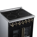 Black radiant cooktop with four burner circles and brass control knobs