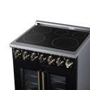 Black electric range with glass-top radiant burners, stainless trim, and brass control knobs