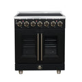 FORNO Massimo 30-Inch French Door Electric Range with 5 Radiant Burners, 4.32 Cu. Ft. True Convection Oven, Air Fryer Kit in Black with Antique Brass Trim (FFSEL6955-30BLK)