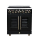 FORNO Massimo 30-inch black electric range with French doors and brass knob trim