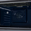 Black oven interior vent panel with circular fan grille and mounting screws
