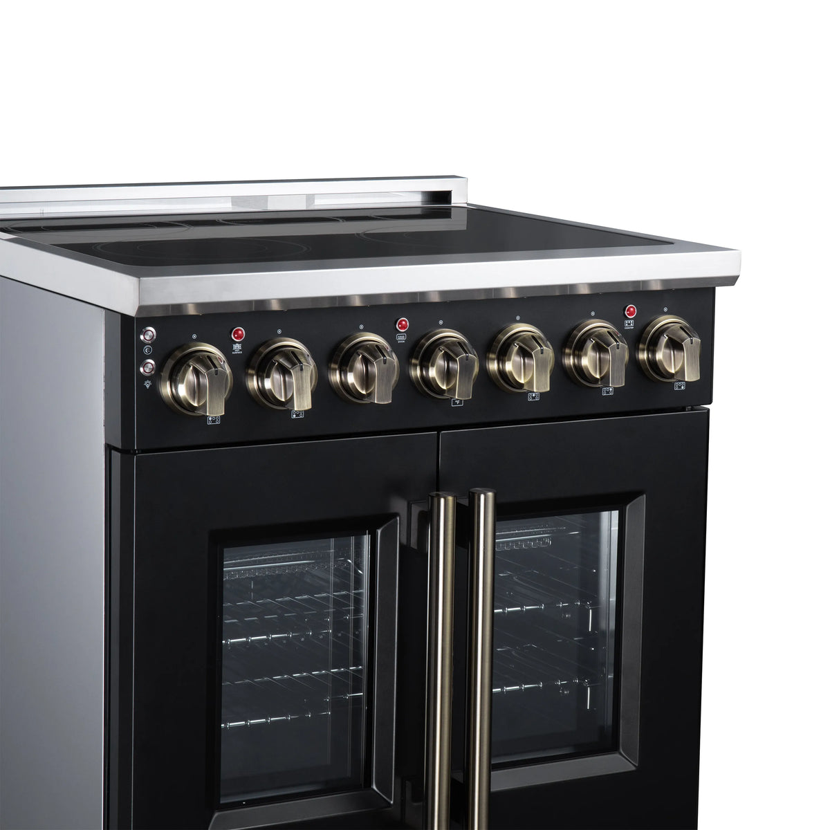 Black electric range control panel with brass knobs and red indicator lights