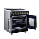 Black electric range with French doors open and wire racks in convection oven