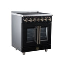Black electric range with French doors, stainless handles, and brass-trim knobs