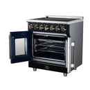 Black electric range with open oven door, interior racks, and brass control panel