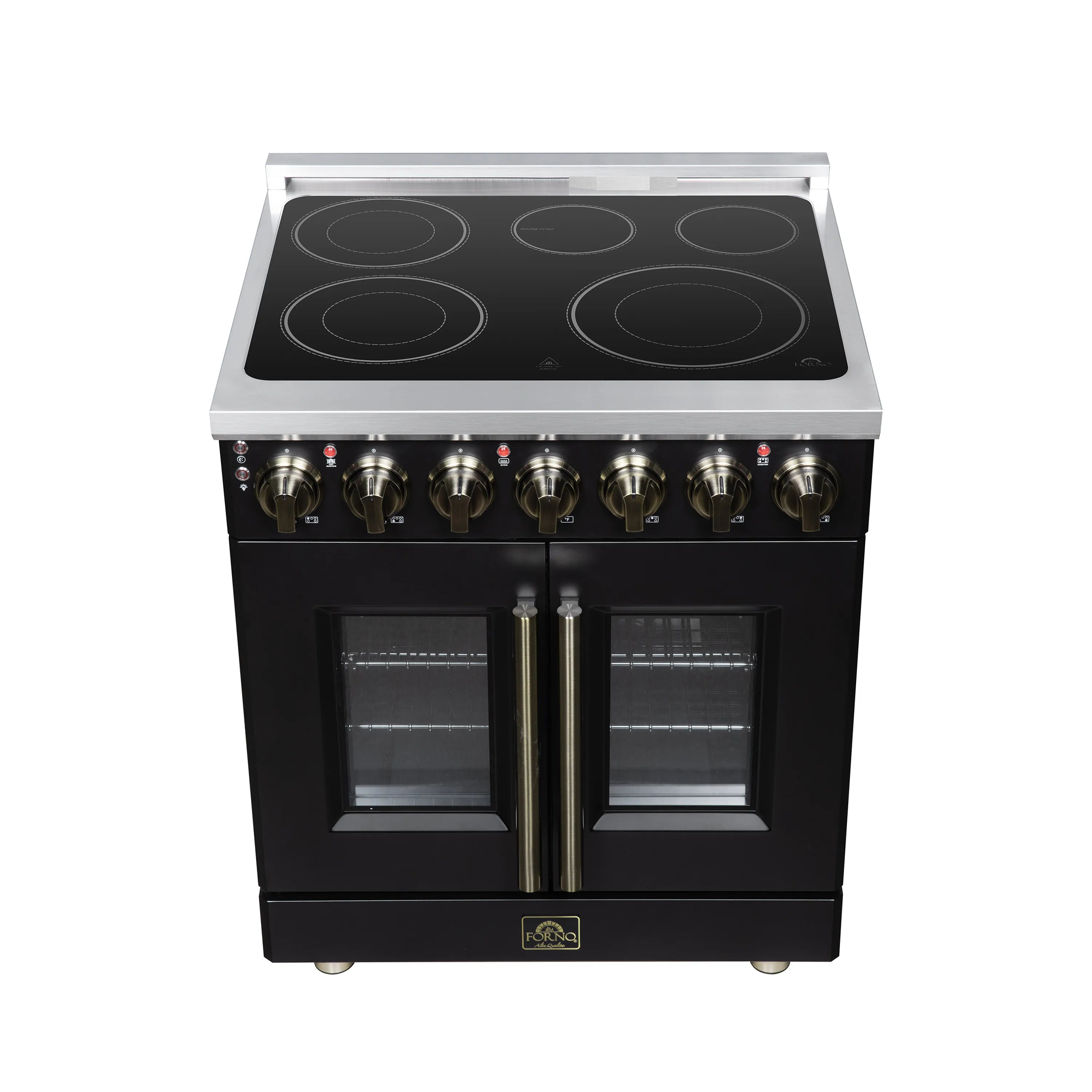 Black electric range with radiant cooktop, stainless trim, and dual oven doors