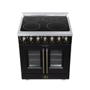 Black electric range with radiant cooktop, stainless trim, and dual oven doors