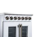 White electric range control panel with burner knobs and French-door oven windows
