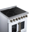 White electric range with black radiant cooktop and gold-toned burner control knobs