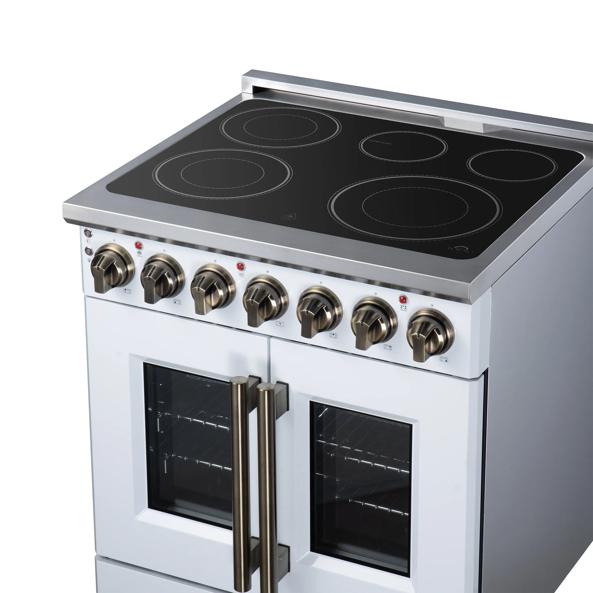 White electric range with black radiant cooktop and two oven doors with brass handles