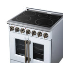 White electric range with black radiant cooktop and two oven doors with brass handles